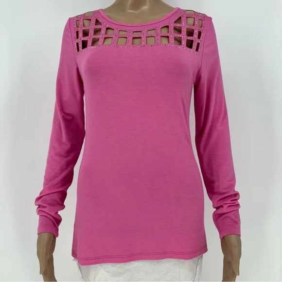 Vocal Top Womens Pink Long Sleeve Cut Out Neckline with Rhinestones Soft Stretch - Picture 1 of 10